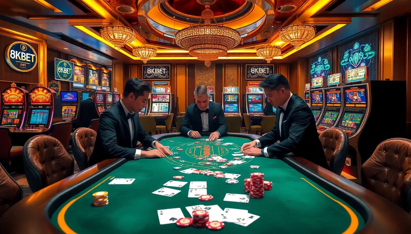 Experience the excitement of Game bài 8KBET with engaged players, vibrant casino elements, and a luxurious atmosphere.