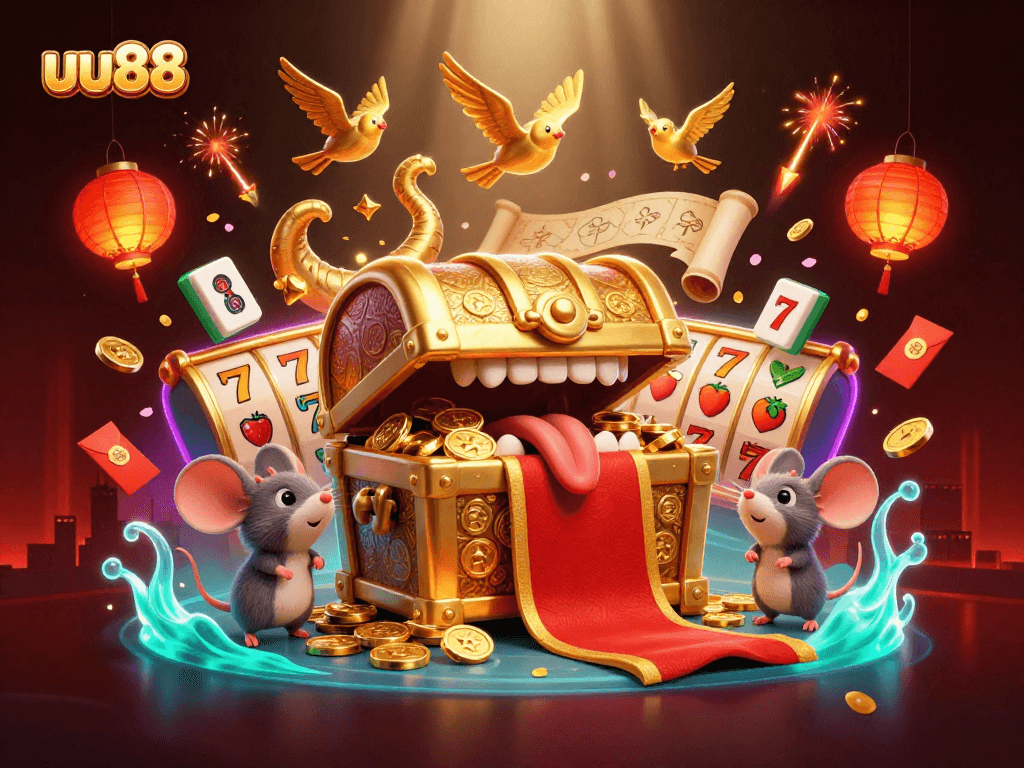 uu88 slots illustration featuring a golden treasure chest and lucky symbols in a vivid scene