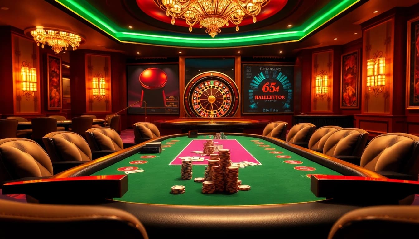 Exciting poker action at 65A casino with colorful chips and bright lighting