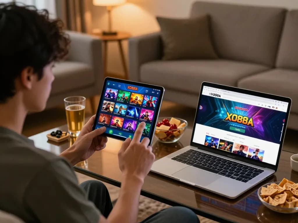 Playing online casino games on the XO88A app in a cozy home setting, showcasing engaging graphics and entertainment.