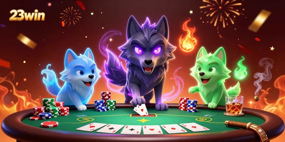 Engage with 23win's electrifying gaming experience at an energetic poker table with dynamic elements.
