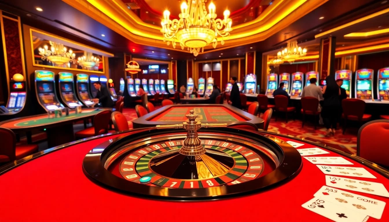 Exciting casino scene featuring hello88's poker tables and slot machines in vibrant colors.
