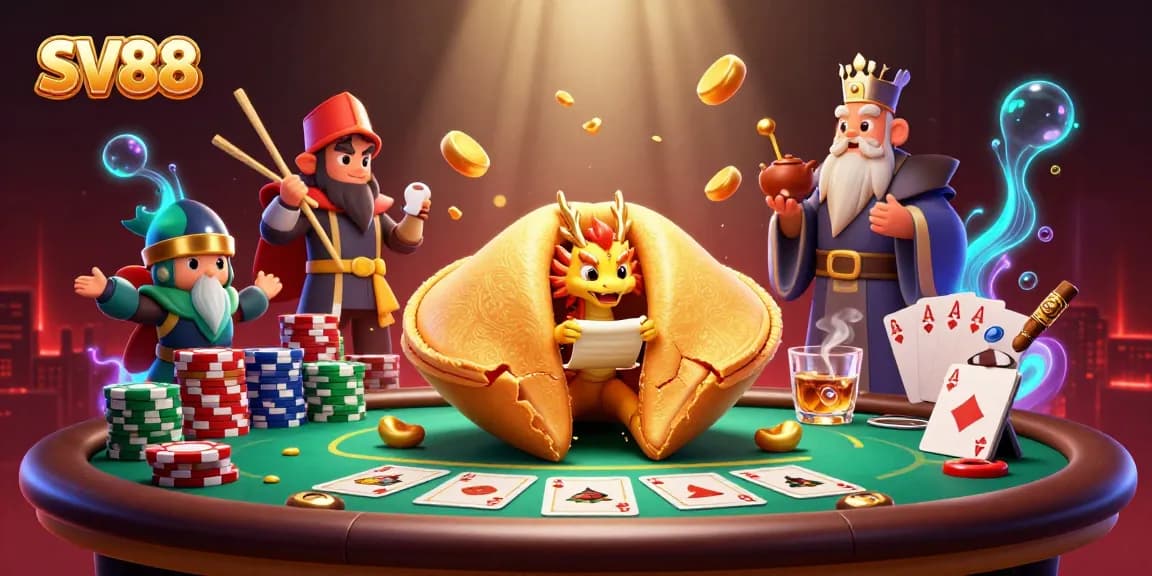 SV88 players engage with a vibrant casino scene, featuring a dragon reading fortunes amidst poker action.