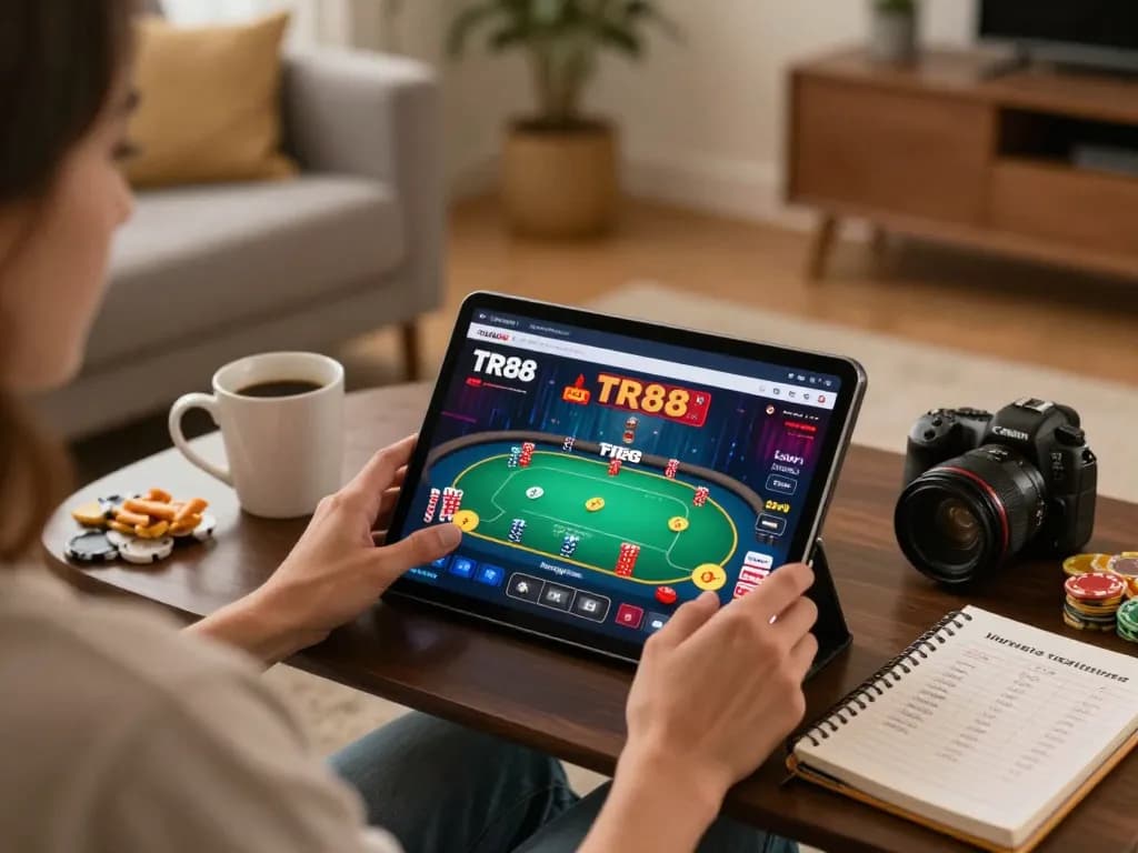 Engaged player utilizing TR88 link on a tablet for online poker in a cozy living setting.
