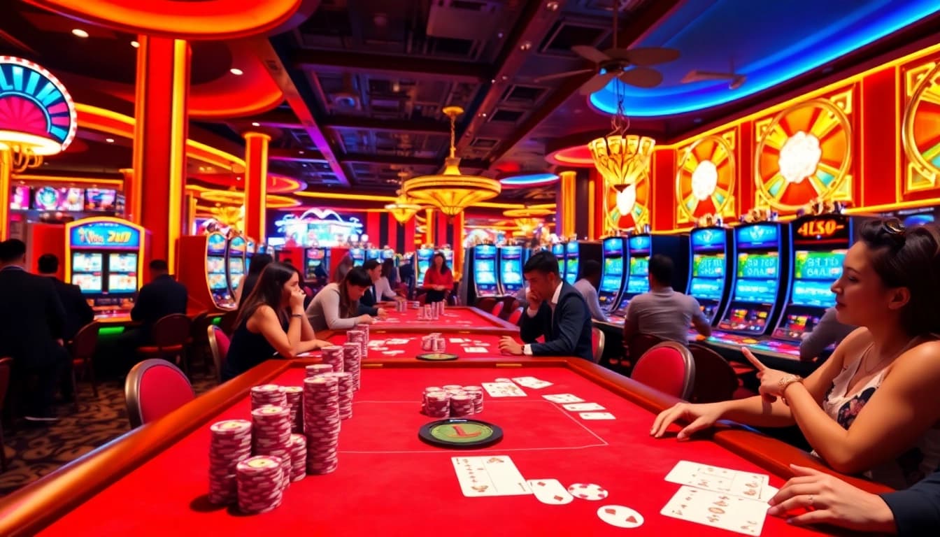 Players enjoying an exciting game at https://mtr888.com/, with vibrant casino tables and colorful chips.