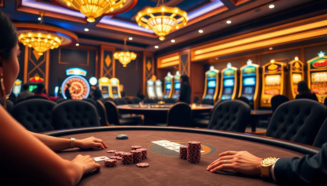 Engage in high-stakes go 88 poker at a luxurious casino table showcasing excitement and strategic gameplay.