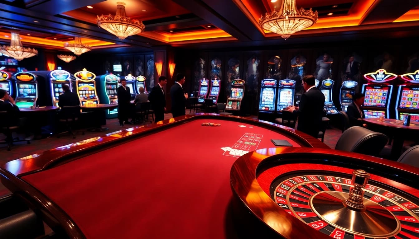 Players enjoying a thrilling poker game at the jl55 club casino table, surrounded by vibrant slot machines.