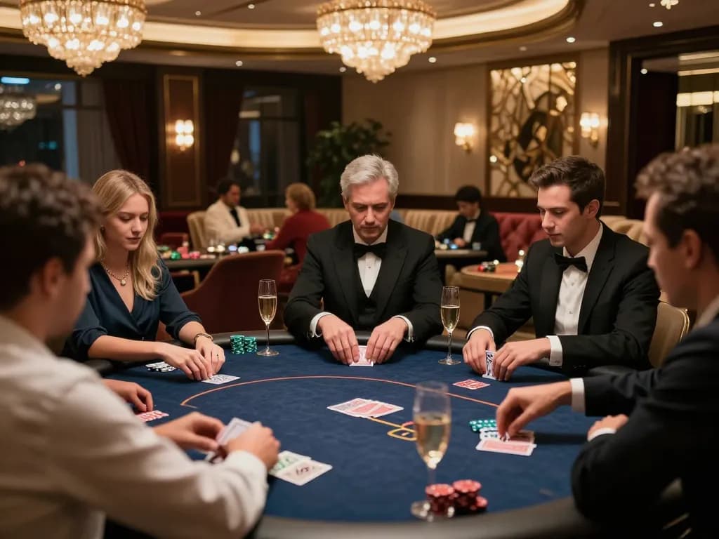 High-stakes poker action at a luxurious lounge, highlighting the thrill and strategy of play at https://mm88.se.net/.