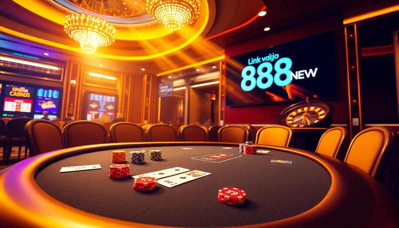 Experience thrilling poker action with vibrant casino elements featuring "Link vào 888new" at the forefront.