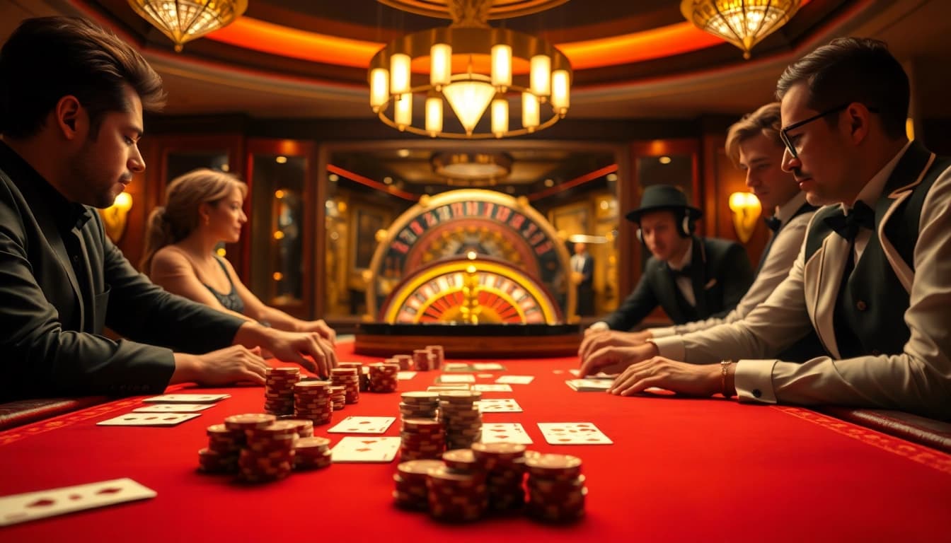 Engaged players placing bets at a luxurious table inspired by https://58win.watch/, showcasing poker chips and cards.