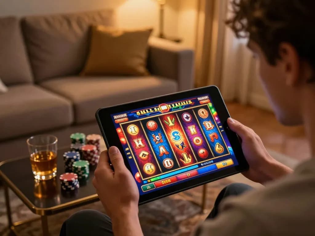 Engaging scene of a user accessing 13win đăng nhập on a tablet, emphasizing a colorful casino atmosphere.