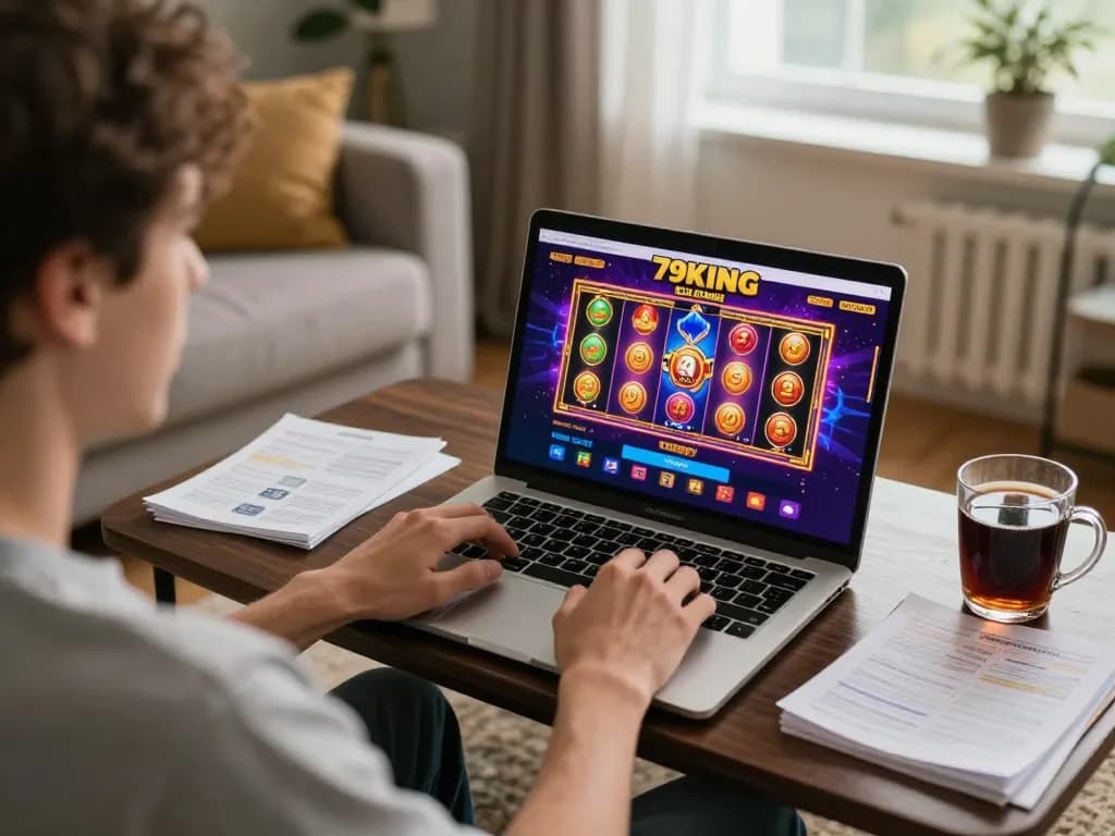 Player enjoying online 79KING gaming experience with vibrant slots and strategy notes
