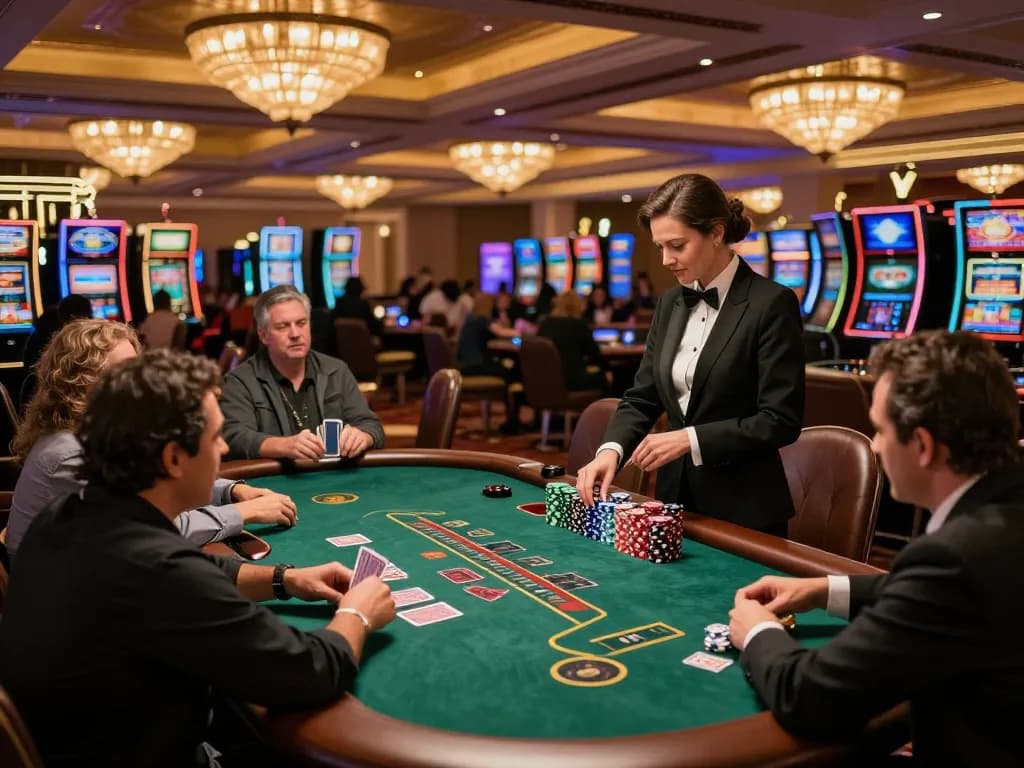 Go8 players strategizing at a blackjack table in an upscale casino environment.