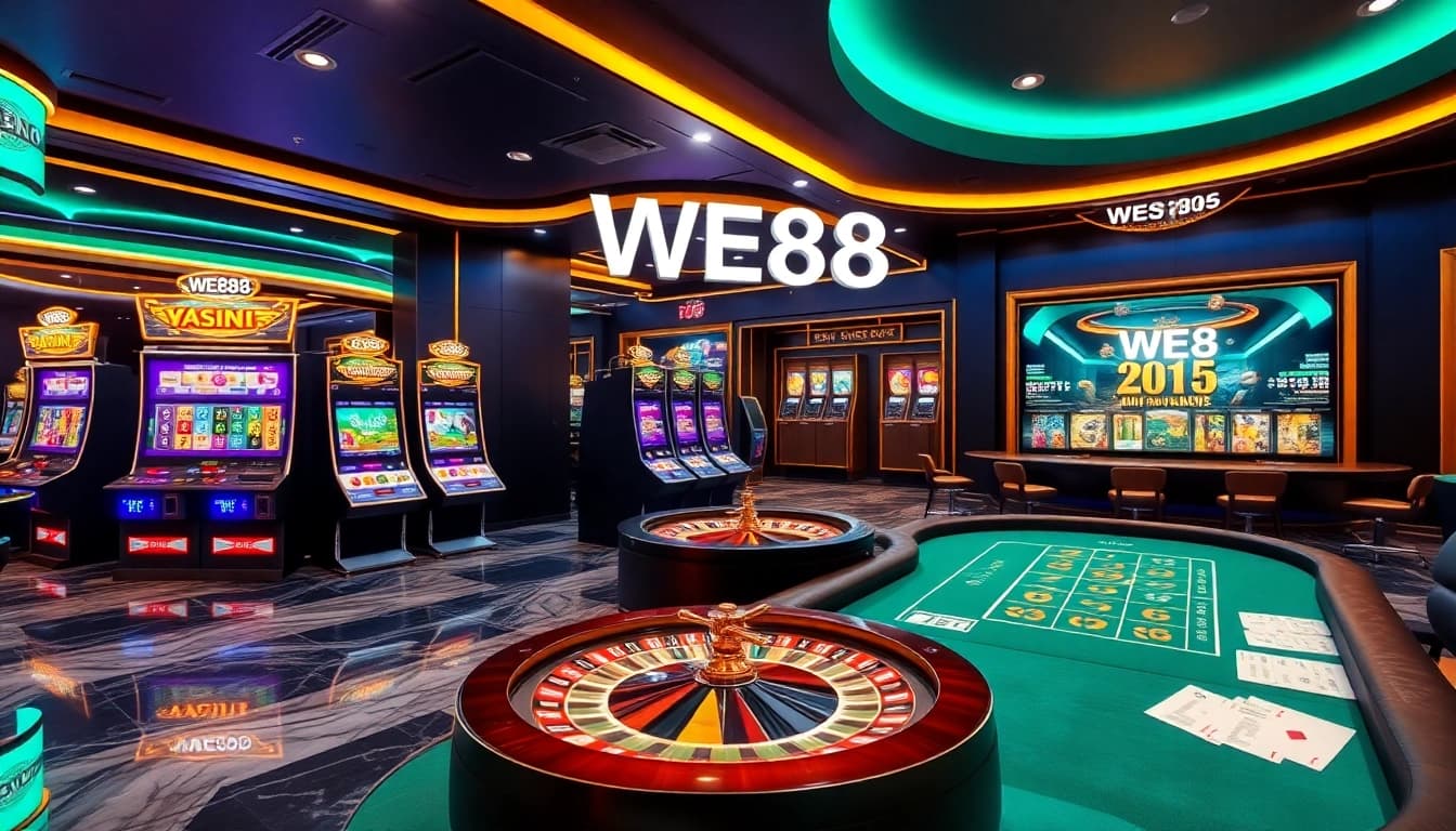 WE88 online casino interface with vibrant slot machines and roulette wheel, showcasing excitement.