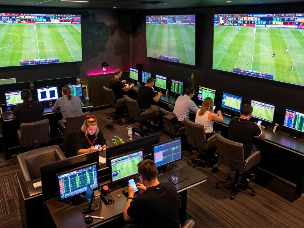 Bsport users engaging with live sports betting on mobile devices in a vibrant lounge atmosphere