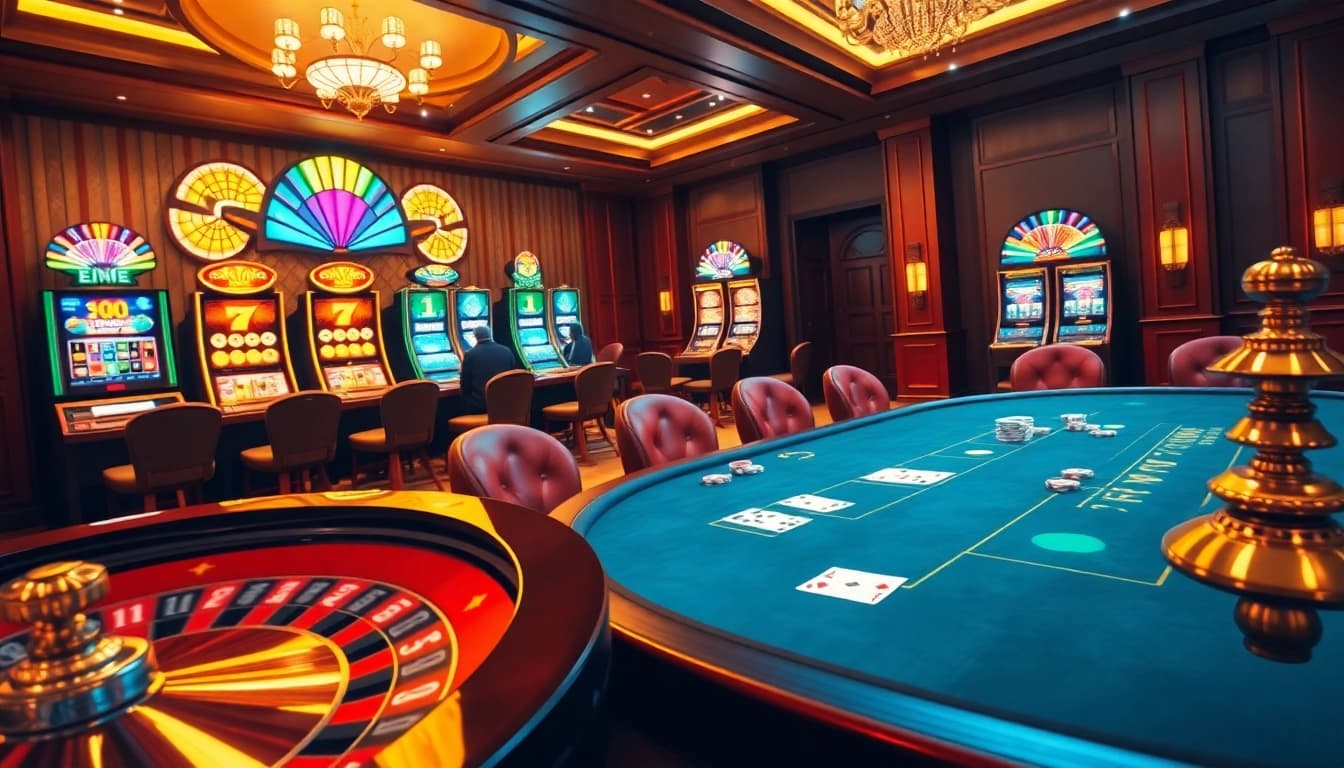 Players strategizing in a luxurious casino scene featuring GAME BÀI 123GA elements and vibrant slot machines.