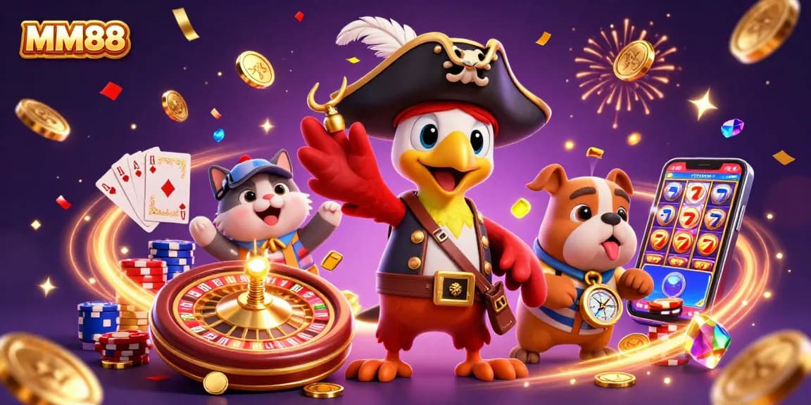 MM88's vibrant 3D casino scene showcases pirate-themed characters and engaging game elements.