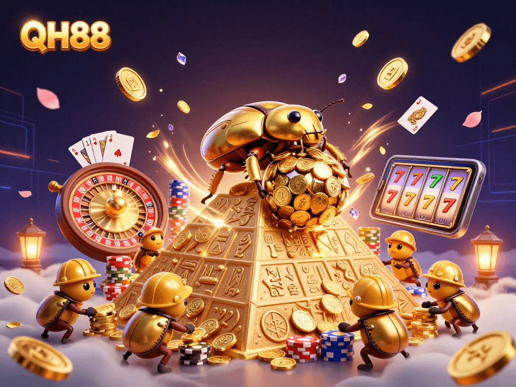 Spin and win at QH88 with a dynamic 3D casino scene filled with golden treasures and gambling excitement.