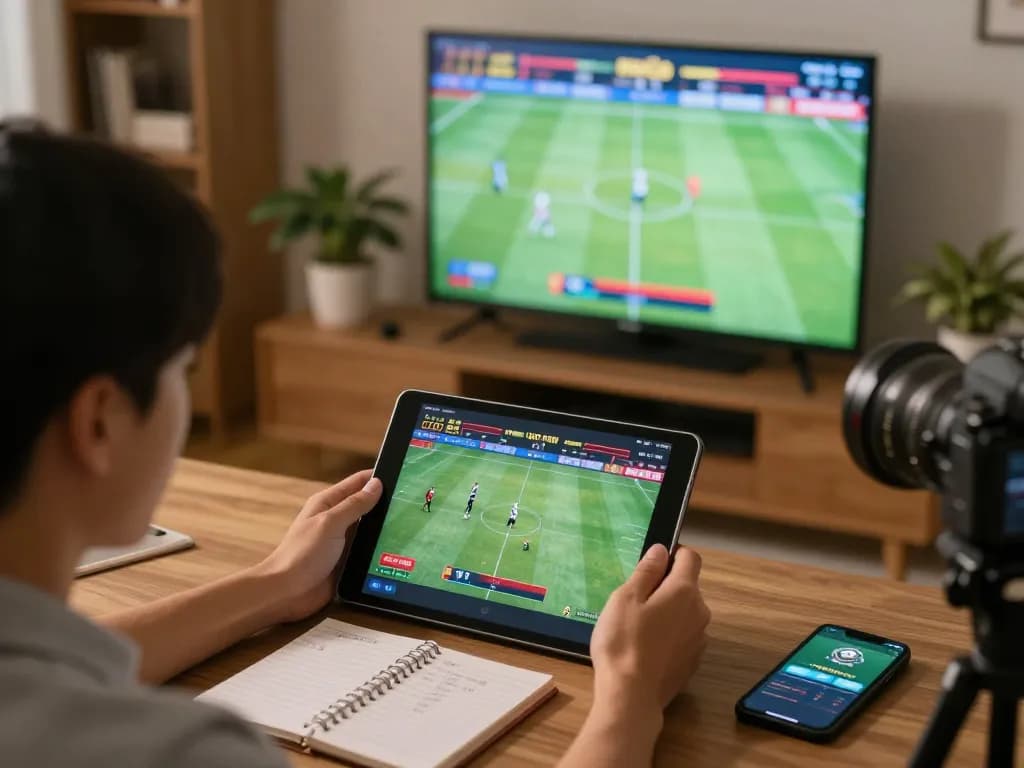 KÈO TRỰC TUYẾN live sports betting at home with tablet and notebook, capturing thrilling moments.