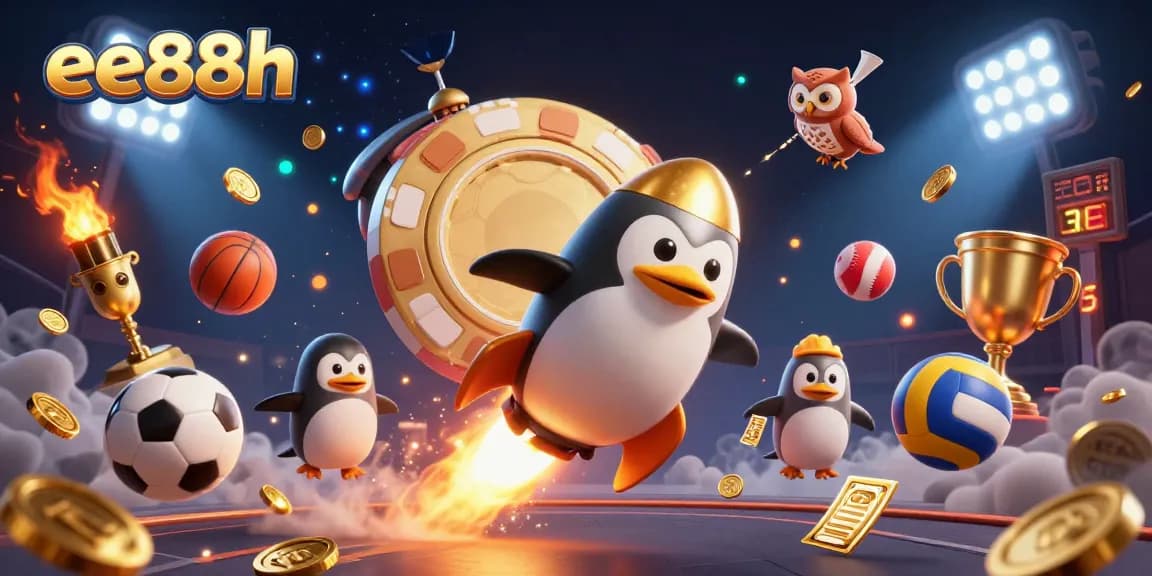 Experience thrilling moments at ee88h with a vibrant scene of a penguin winning big in a casino