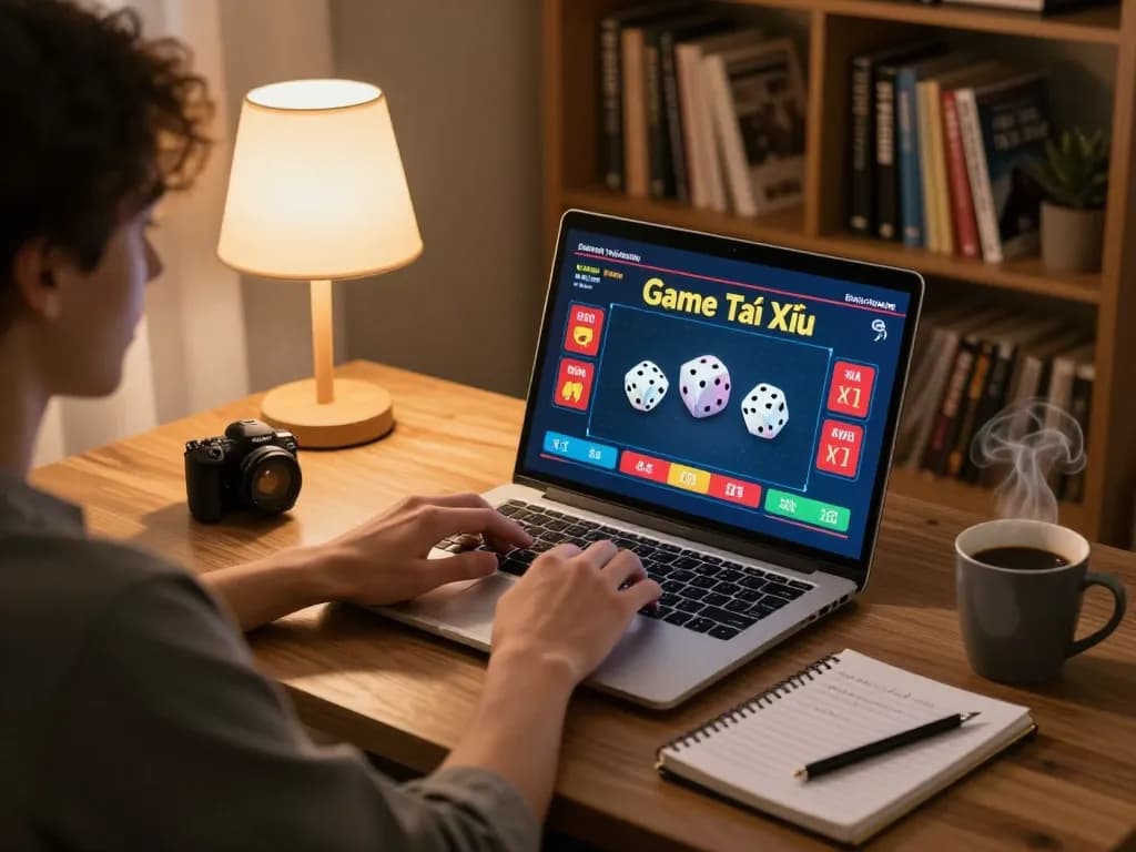 Engaged player focusing on online Game Tài Xỉu interface while tracking strategy notes.