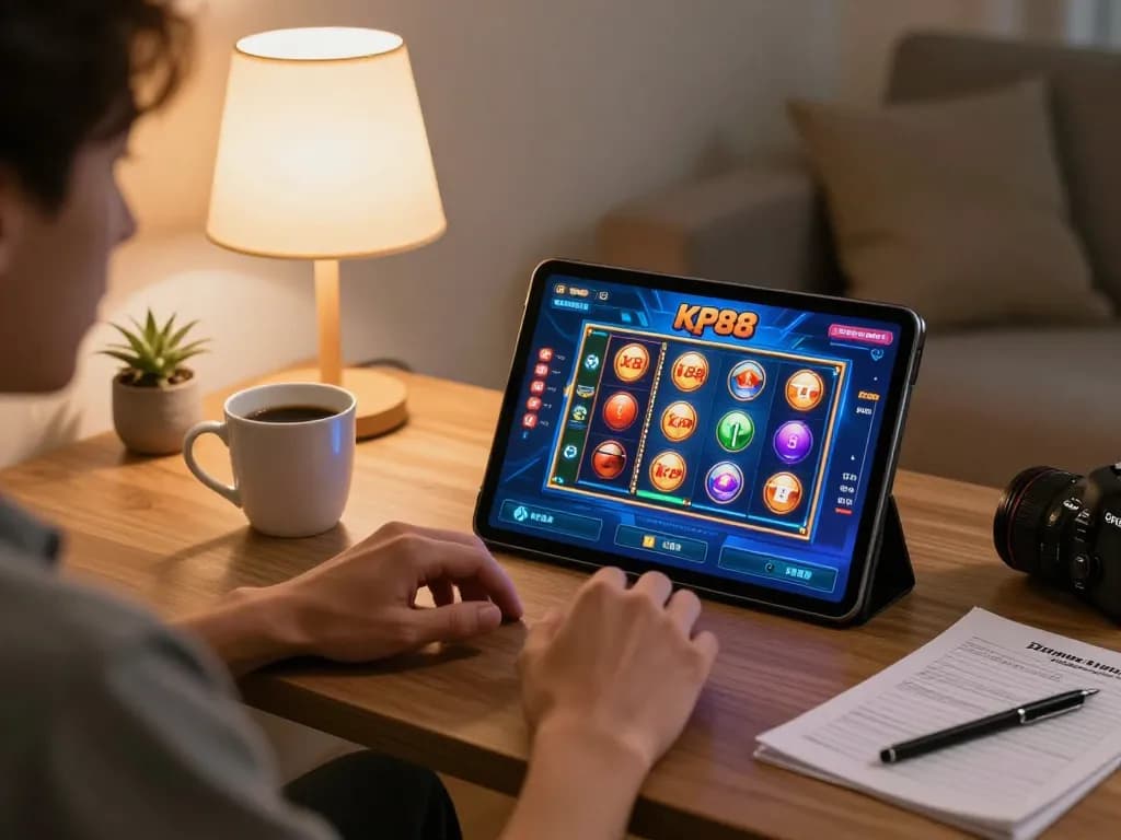 kp88 player enjoying online slots in a cozy home setting with a tablet and snacks.