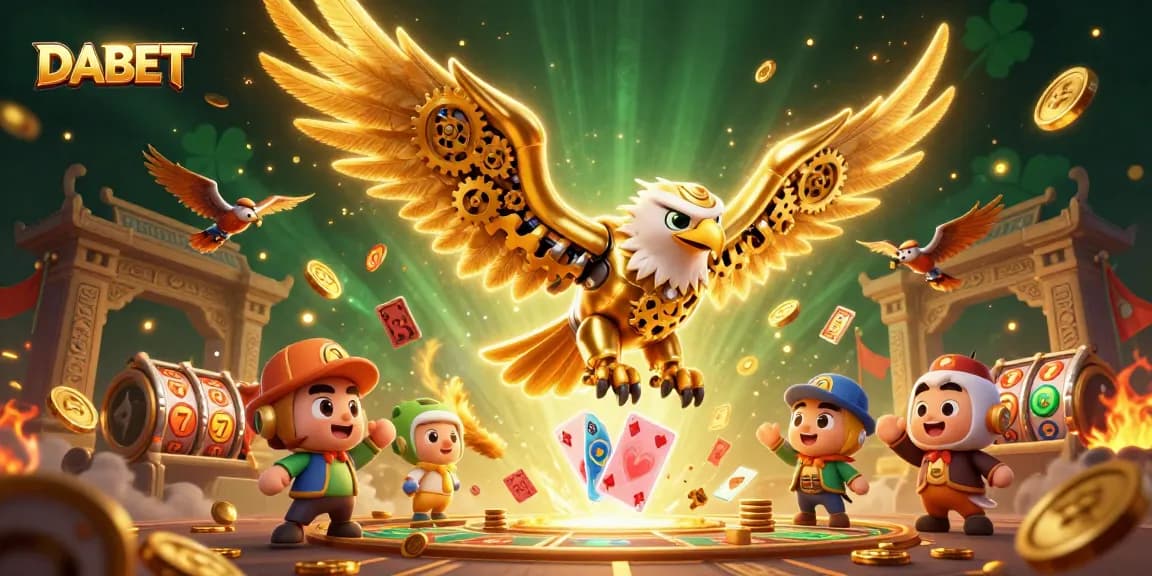 DABET showcases thrilling gameplay with a cybernetic eagle diving through holographic cards in an electrifying casino scene.