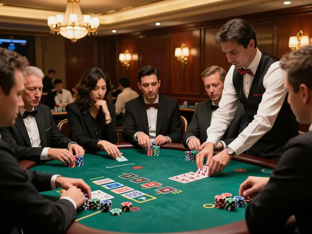 Players making strategic bets at a 555win blackjack table in a vibrant casino atmosphere