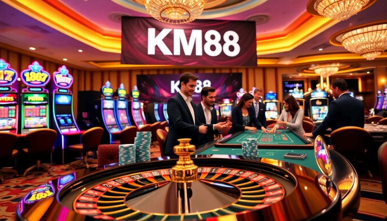 Exciting KM88 casino scene with roulette wheel, poker chips, and vibrant slot machines.