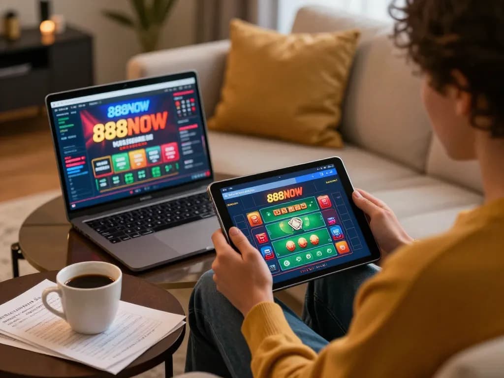 Player using the 888NOW app for strategic online gaming in a cozy home setting.