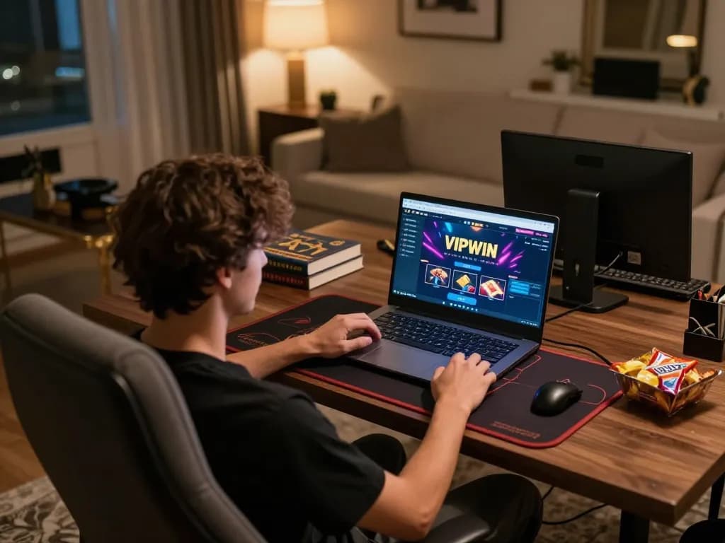 VIPWIN online gaming session showing user focused on laptop with casino interface