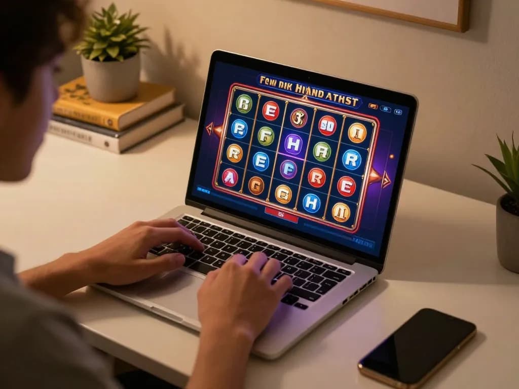 Engage in thrilling gameplay at go 88 while enjoying a cozy home setting with a laptop and colorful slots interface.