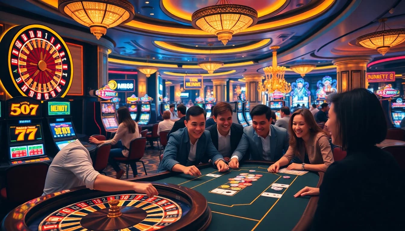 Betting enthusiasts enjoying a lively casino experience at https://mm88.bar/ with poker chips and excitement.