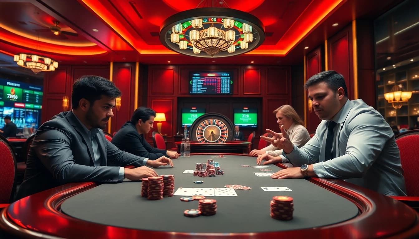 Experience the thrill of high-stakes gaming with 789bet's luxurious casino setup featuring poker tables and vibrant atmosphere.