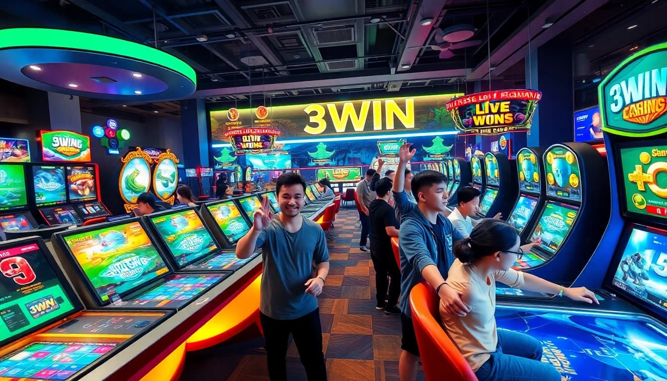 3WIN gaming scene with players engaged in thrilling casino games and fishing challenges