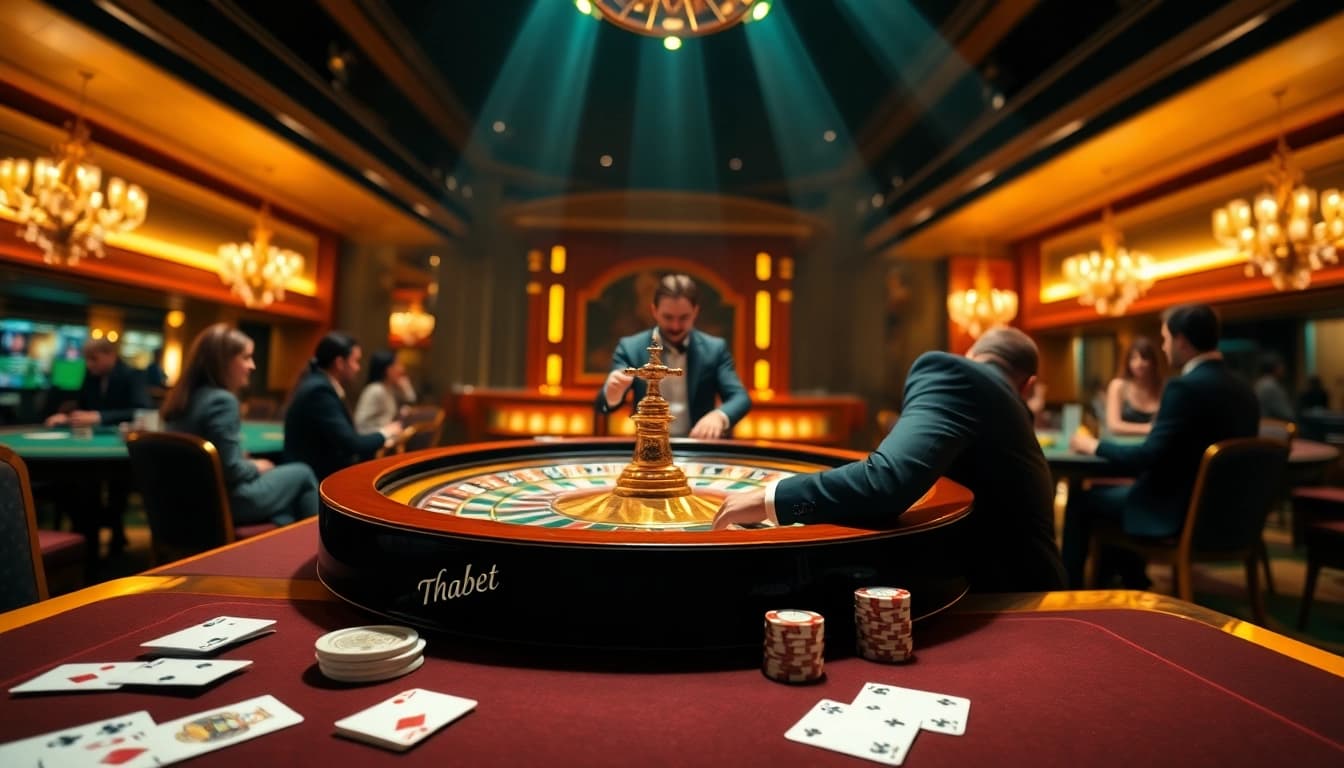 Experience the thrill of online betting at https://thabett.io/ with a sophisticated casino setting featuring roulette, cards, and poker chips.