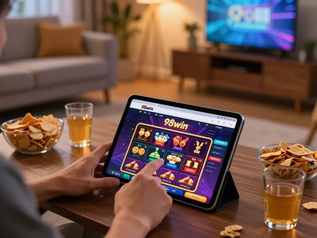 Engaging with the trang chủ 98win interface, a player explores exciting online casino options in a cozy home gaming setup
