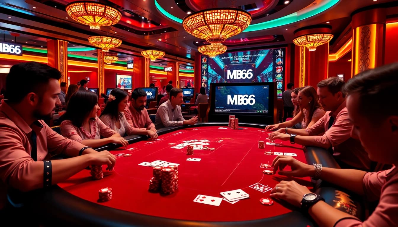 Experience the thrill of high-stakes poker at MB66 casino, featuring players and vibrant chips.