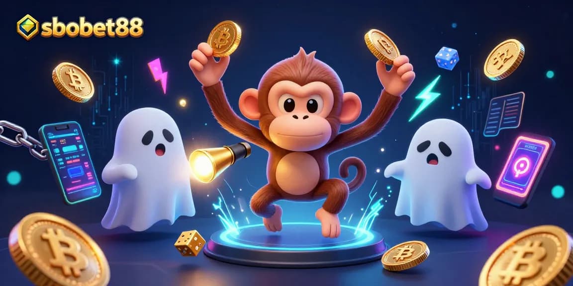 Engage with sbobet88 in a vibrant 3D illustration showcasing a playful poltergeist monkey and a curious puppy in a haunted casino.