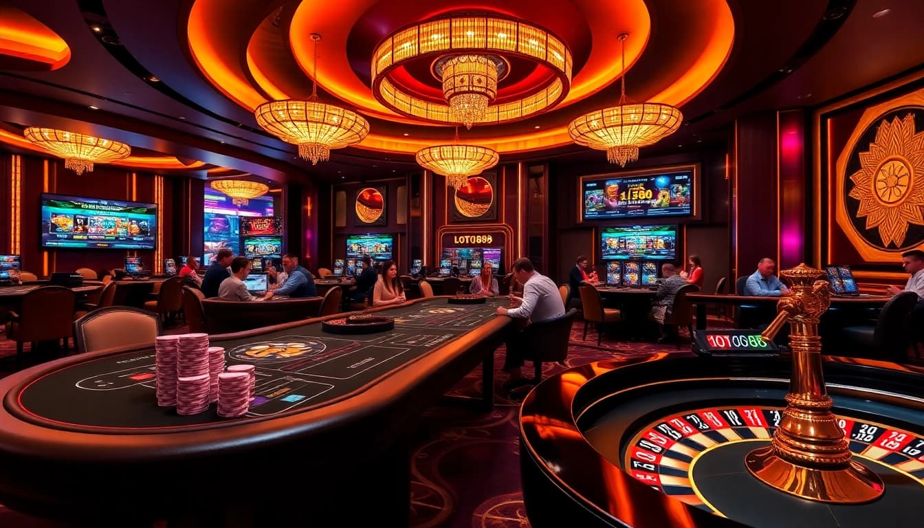 Loto188 gaming experience with vibrant casino tables and engaged players in an online gambling atmosphere.