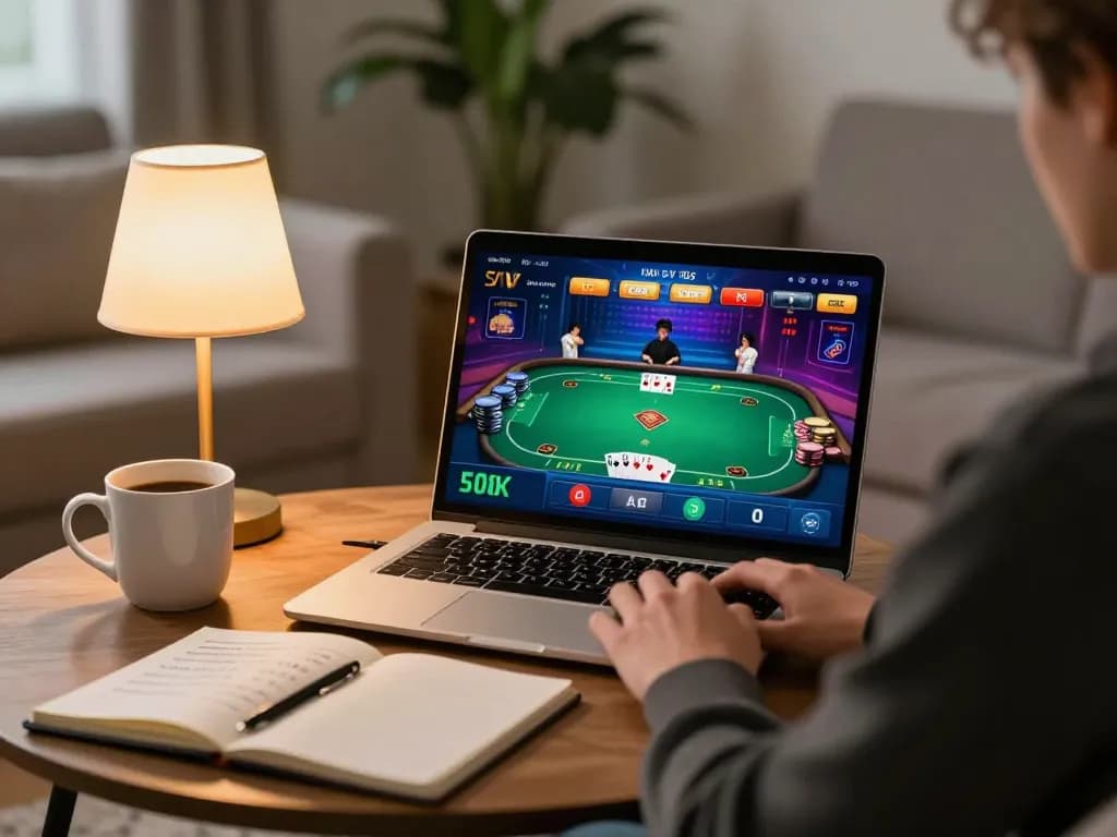 Engaging online gaming session with 123Win co player analyzing strategies on laptop at home.
