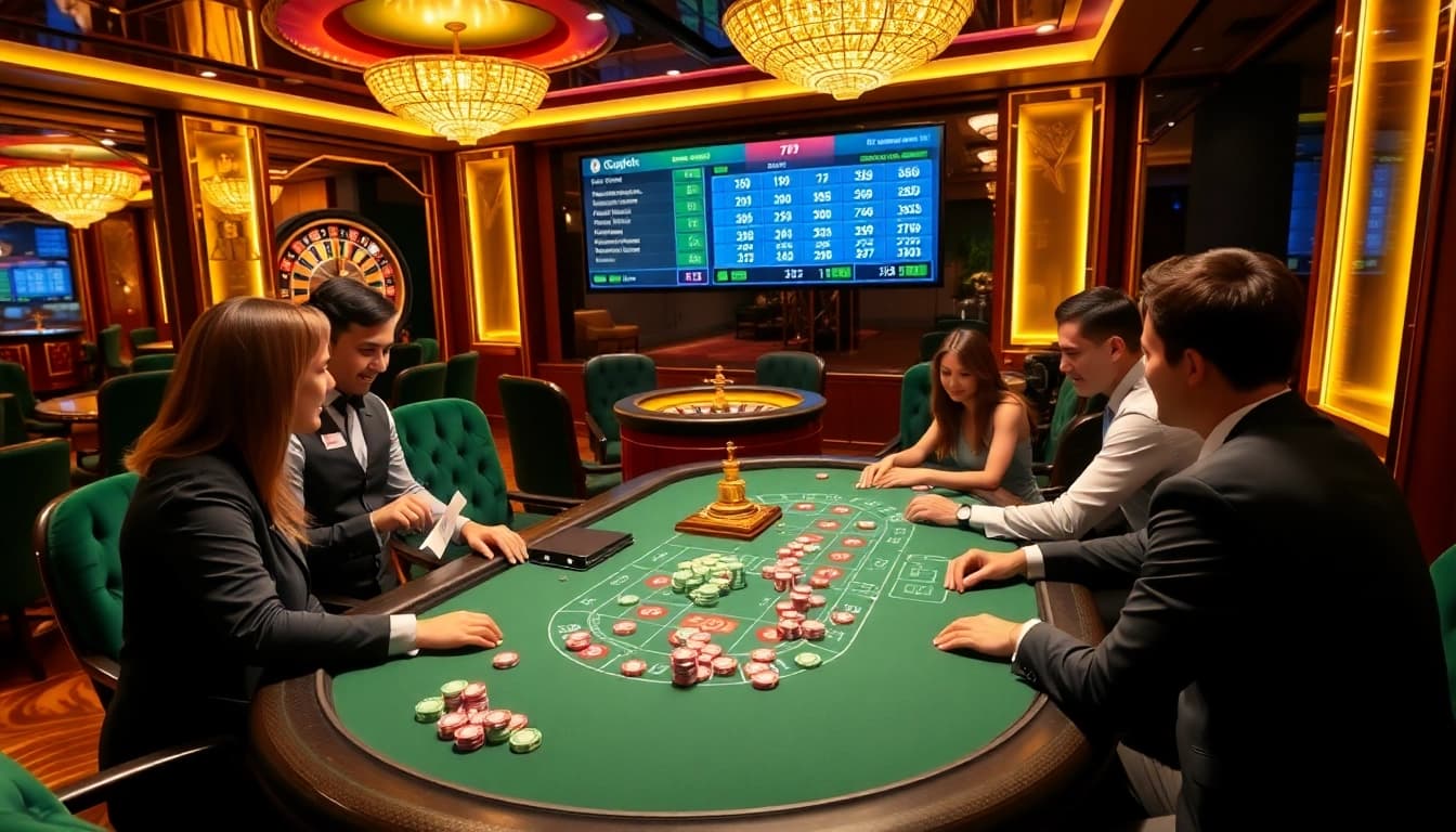 Players enjoying a thrilling poker game at 789F casino, showcasing vibrant colors and excitement.
