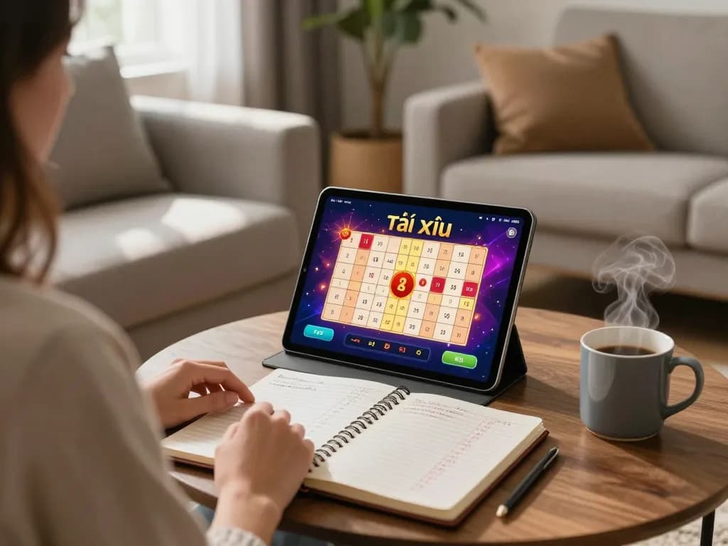 Engaging view of a person using app tài xỉu online in a cozy home setting, showcasing strategic betting preparation.