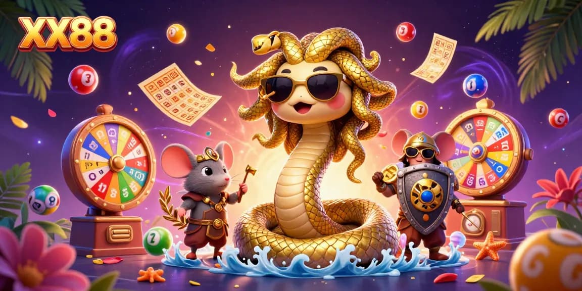 Experience excitement at XX88 with friendly characters amidst bouncing lottery balls and vibrant casino elements.