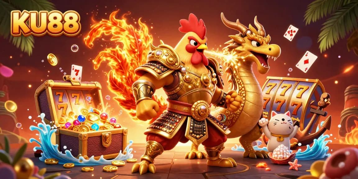 KU88’s fighting rooster warrior shines alongside a dragon hatchling amid vibrant casino game elements.