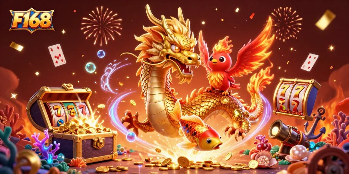 Experience thrilling victories with F168's golden dragon amidst a vibrant casino scene.
