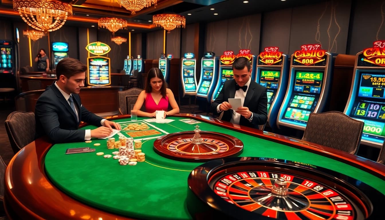 Players enjoy high-stakes games at LC 88 casino with vibrant poker chips and dazzling cards.
