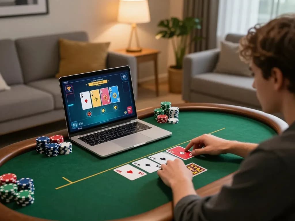 Player engaging in an exciting online poker game on EE88 from a cozy living room.