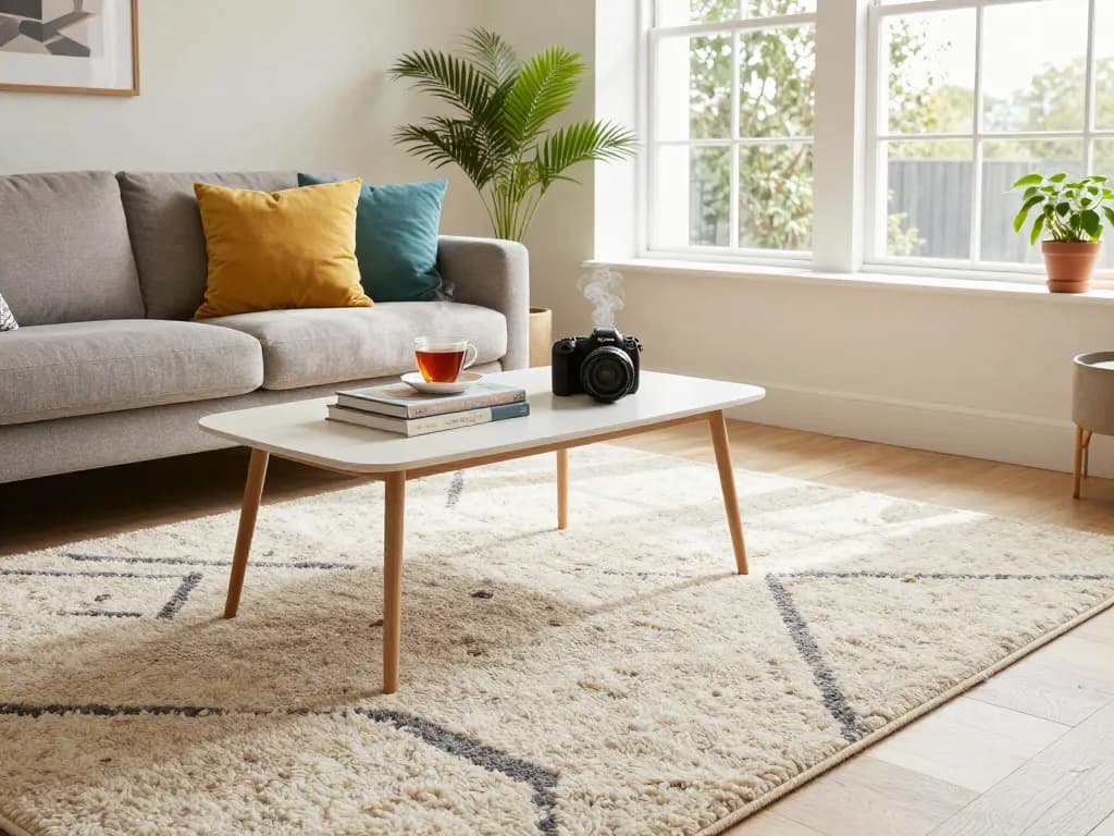 Stylish living room with affordable carpets London, cozy decor and natural light