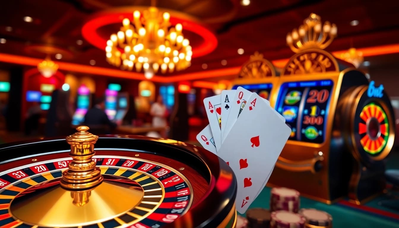 Experience thrilling gameplay at https://nohu90.pink/ with luxurious casino visuals featuring dynamic slot machines and roulette wheels.